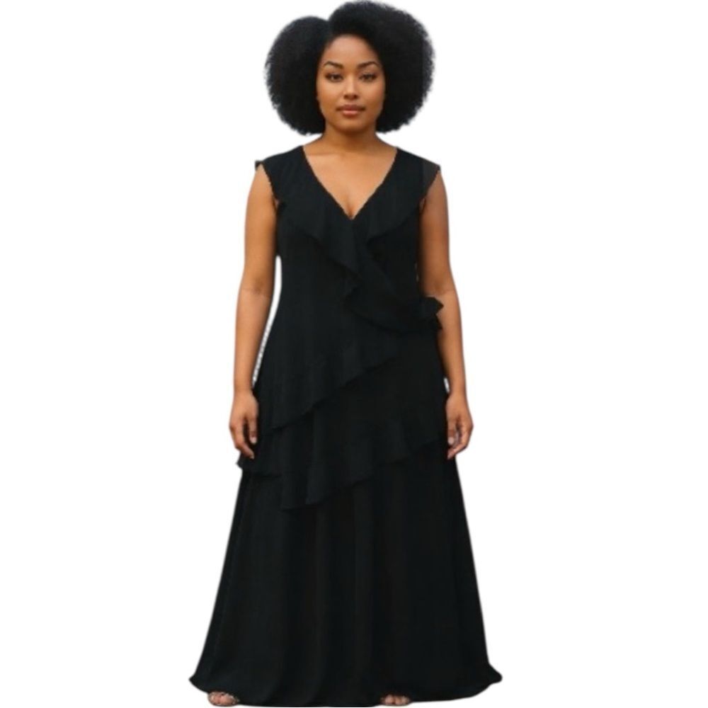 eShakti Plus Size 6X Dressy Black Sleeveless Dress Ruffled Tiers Tiers